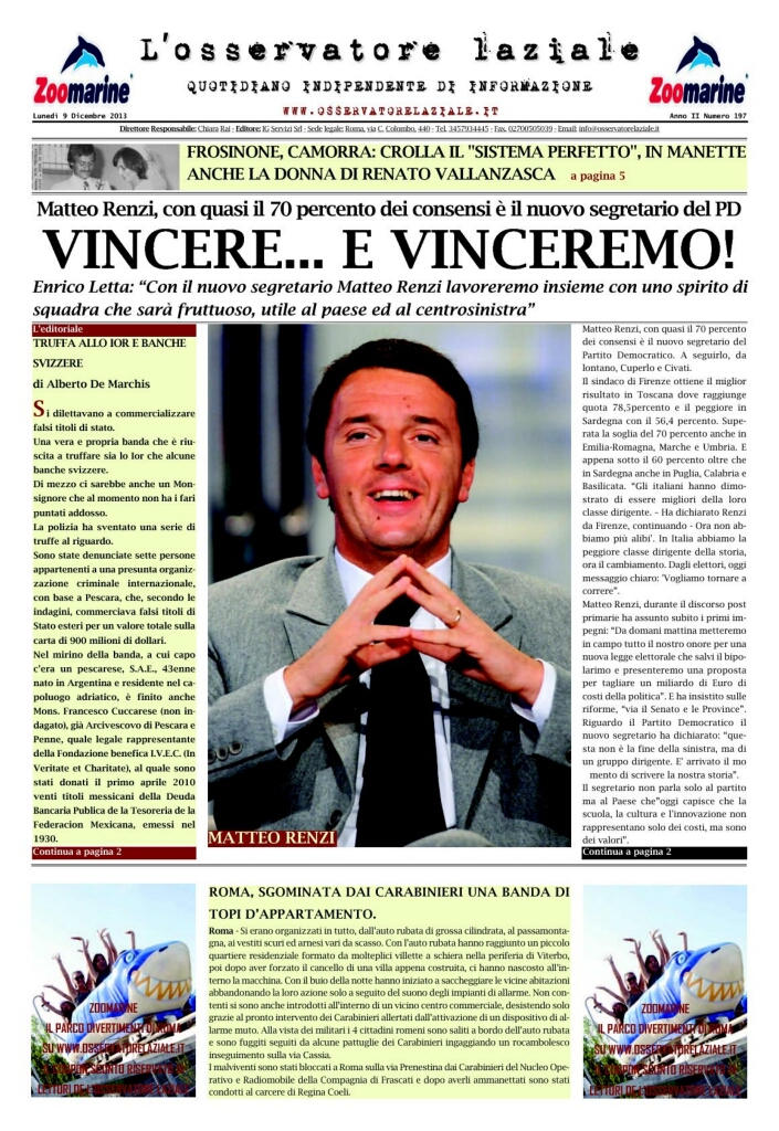 L'osservatore d'Italia edizione del 9 Dicembre 2013